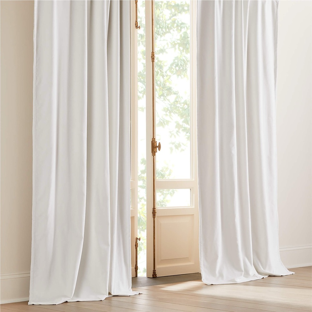 SET OF TWO: CB2 Bright White Cotton Velvet Blackout Window Curtains 48” x 96”